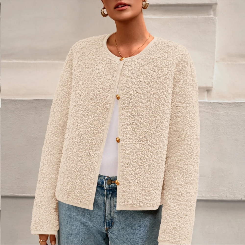 Cream Sherpa Button-Front Jacket - L